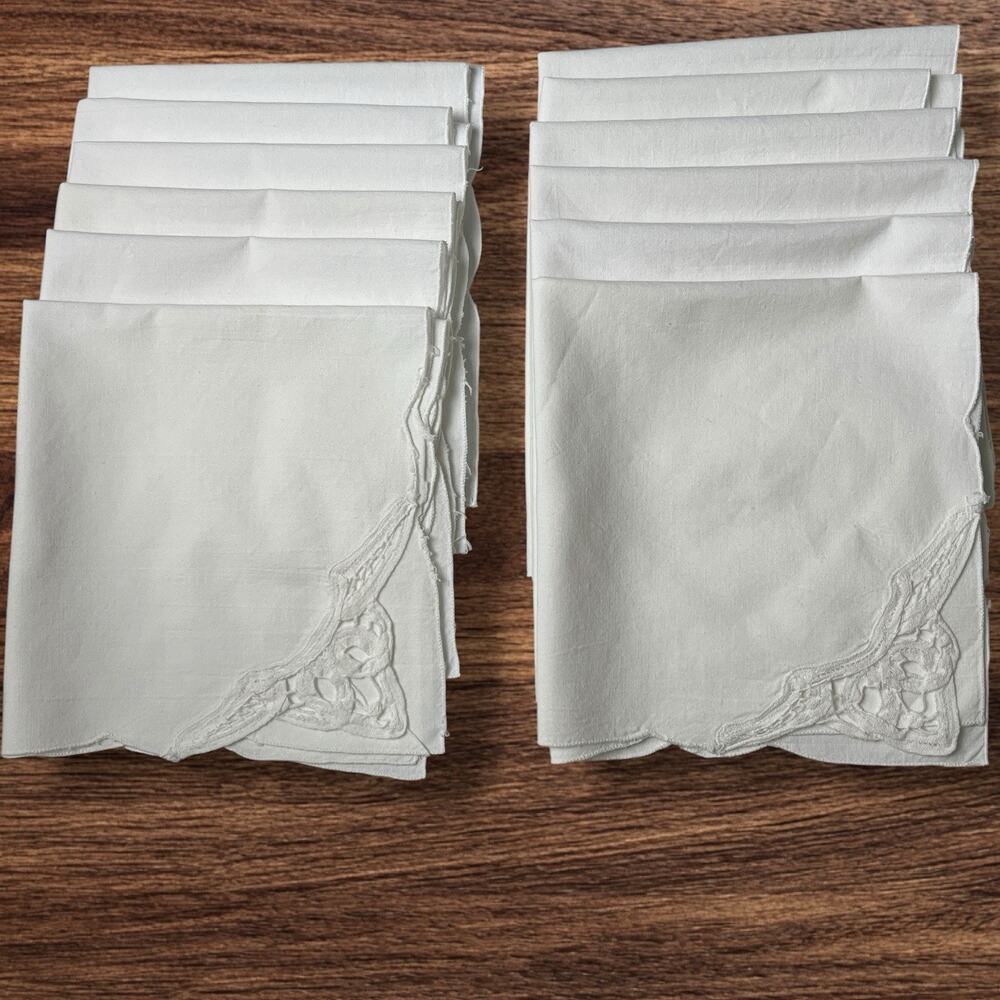 Battenburg Lace Corner Dinner Napkins Set 12 White Cotton Openwork Cottage 16x15